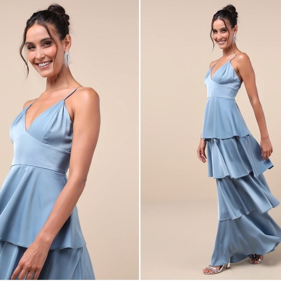 LULU's Prom Wedding Bridesmaid Satin Boho Tiered Ruffles Navy Maxi Dress - Picture 3 of 5